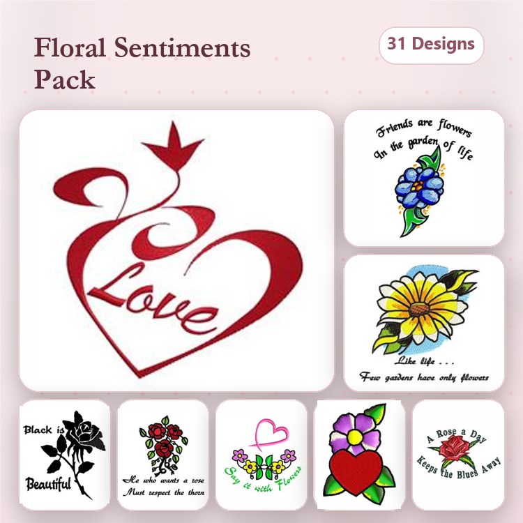 Floral Sentiments Embroidery Designs Bundle – Heart with Love, Blue Floral, Daisy with Quote & More (31 Designs)