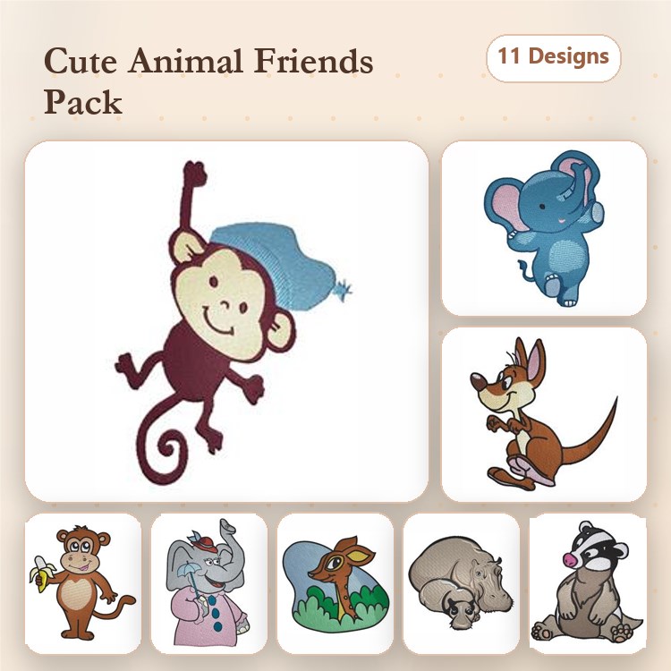 Cute Animal Embroidery Bundle – Monkey with Hat, Blue Elephant, Kangaroo & More (11 Designs)