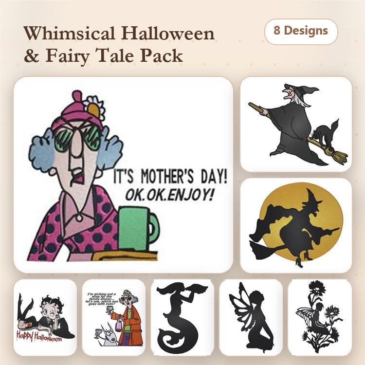 Whimsical Halloween & Fairy Tale Embroidery Designs Bundle – Whimsical Witch, Silly Cat, Mermaid Silhouette & More (8 Designs)
