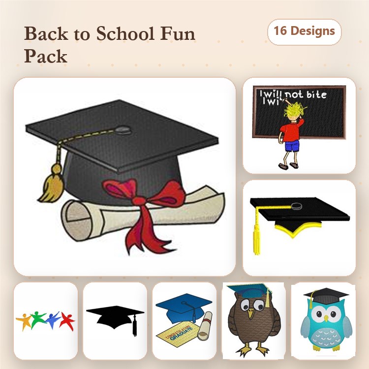 Back to School Embroidery Bundle – Graduation Cap, Chalkboard, Owl Character & More (16 Designs)