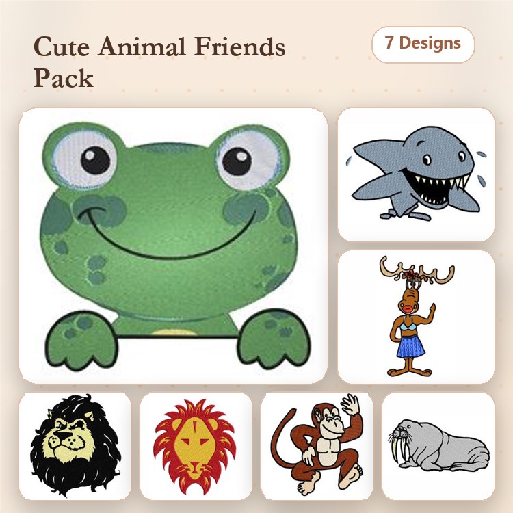 Cute Animal Friends Embroidery Bundle – Smiling Frog, Shark, Moose, Lion & More (7 Designs)