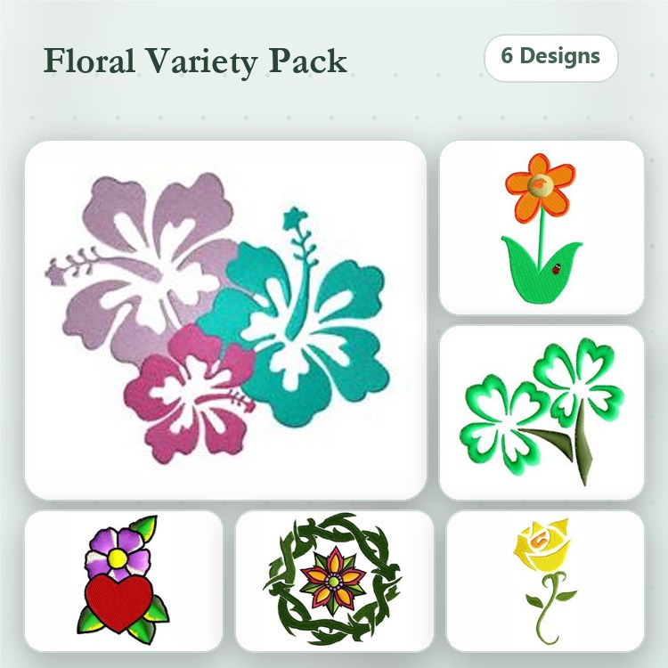 Floral Variety Embroidery Bundle – Hibiscus Flower, Flower Bouquet, Shamrock & More (6 Designs)