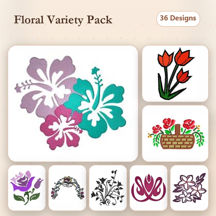 Applique Floral Embroidery Bundle – Hibiscus Flower, Tulip Bouquet, Flower Basket & More (36 Designs)