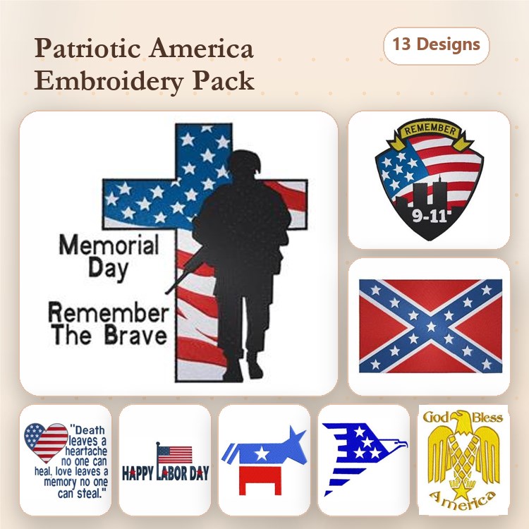 Patriotic Embroidery Designs Bundle – Memorial Day Cross, Soldier Silhouette, 9-11 Memorial Shield & More (13 Designs)