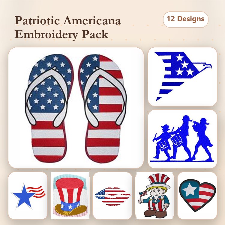 Patriotic Americana Embroidery Designs Bundle – Flip Flops with Flag, American Eagle, Uncle Sam Hat & More (12 Designs)