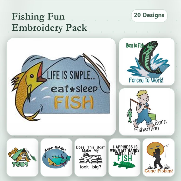 Fishing Fun Embroidery Designs Bundle – Life is Simple Fishing, Eat Sleep Fish, Born to Fish & More (20 Designs)