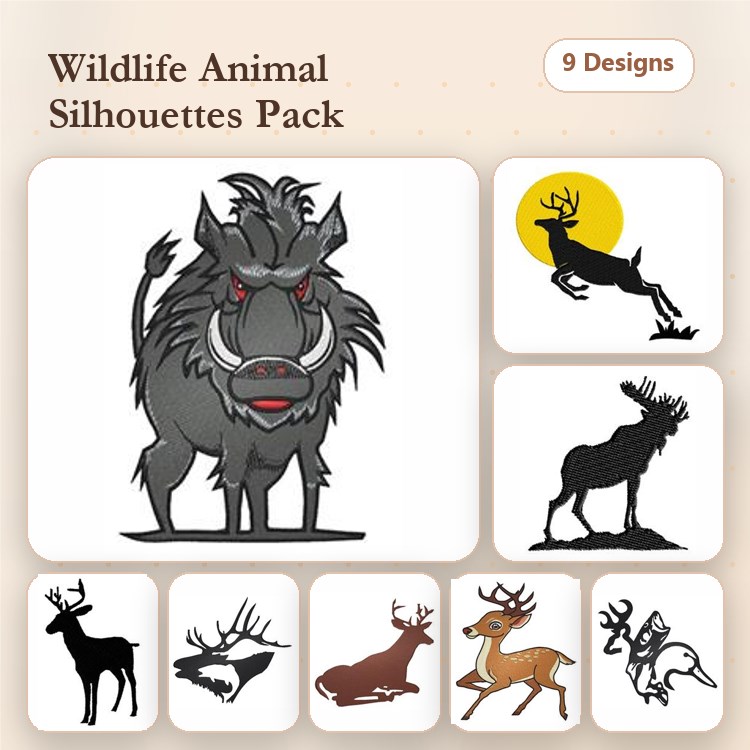 Wildlife Animal Silhouettes Embroidery Bundle – Wild Boar, Leaping Deer, Mountain Goat & More (9 Designs)