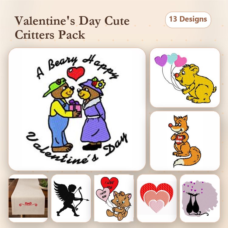 Valentine's Day Critters Embroidery Designs Bundle – Bear Couple, Cute Lion, Cupid & More (13 Designs)