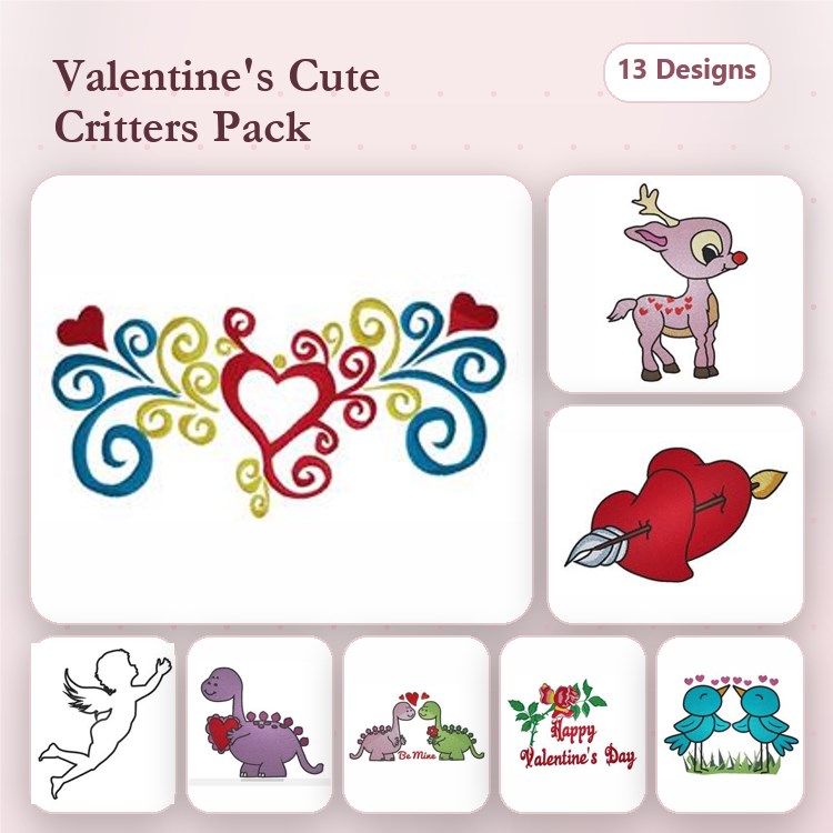 Cute Valentine Critters Embroidery Designs Bundle – Heart with Arrow, Angel Figure, Love Birds & More (13 Designs)