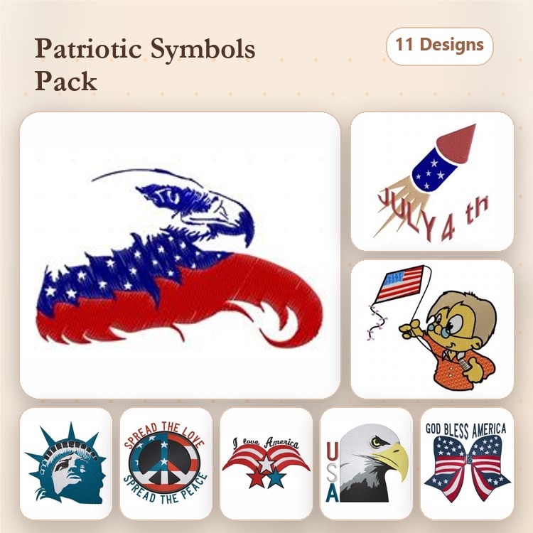 Patriotic Symbols Embroidery Designs Bundle – Eagle with American Flag, Liberty Statue, July 4th Firework & More (11 Designs)