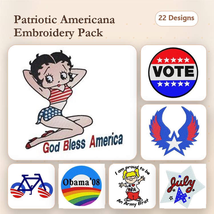 Patriotic Americana Embroidery Designs Bundle – Betty Boop, God Bless America, Vote Badge & More (22 Designs)