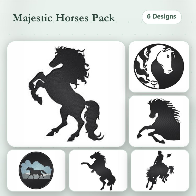 Majestic Horses Embroidery Bundle – Rearing Horse, Galloping Horse, Horse Rider & More (6 Designs)
