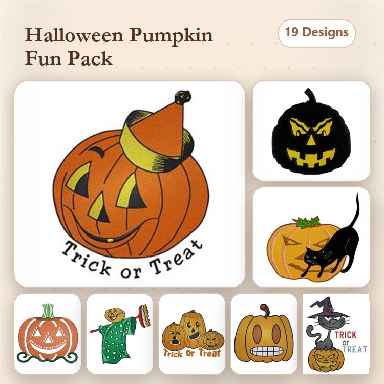 Halloween Pumpkin Embroidery Designs Bundle – Jack O' Lantern, Black Cat with Pumpkin, Witch & More (19 Designs)
