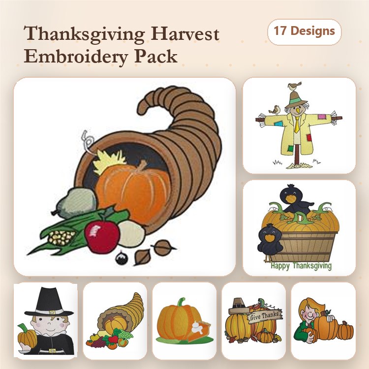 Thanksgiving Harvest Embroidery Designs Bundle – Cornucopia, Scarecrow, Pilgrim & More (17 Designs)