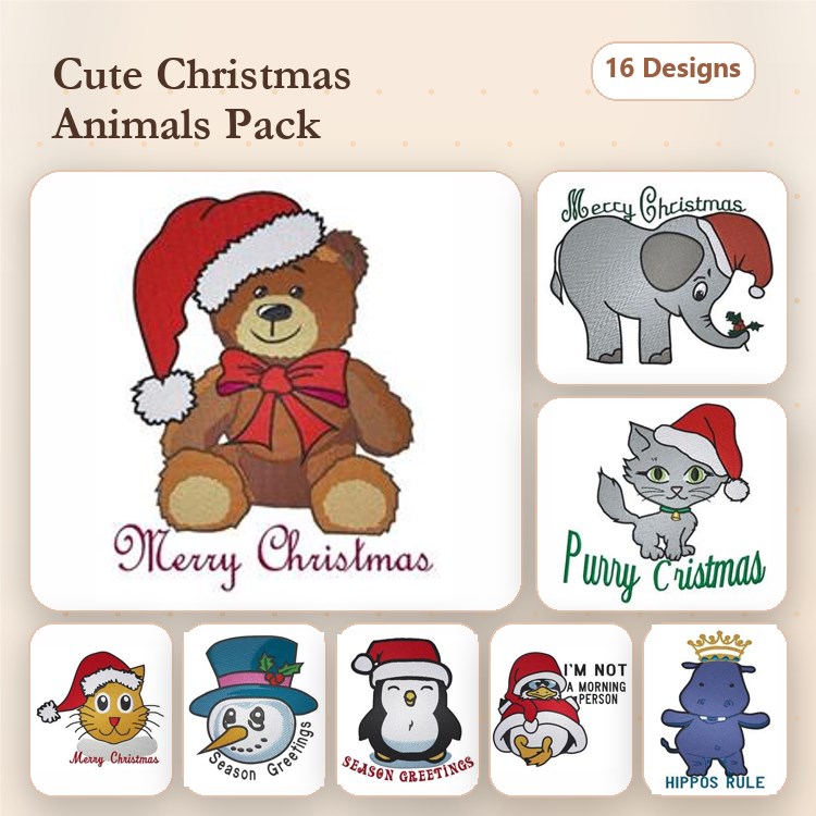 Cute Christmas Animals Embroidery Bundle – Santa Bear, Santa Elephant, Purry Christmas Cat & More (16 Designs)