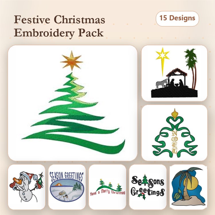 Christmas Embroidery Designs Bundle – Christmas Tree, Nativity Scene, Snowman & More (15 Designs)
