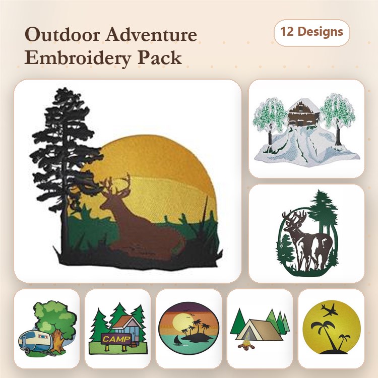 Outdoor Adventure Embroidery Bundle – Sunset with Deer, Winter Cabin, Pine Tree Forest & More (12 Designs)