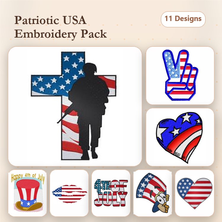 Patriotic USA Embroidery Designs Bundle – Soldier Cross, Heart with Flag, 4th of July Hat & More (11 Designs)