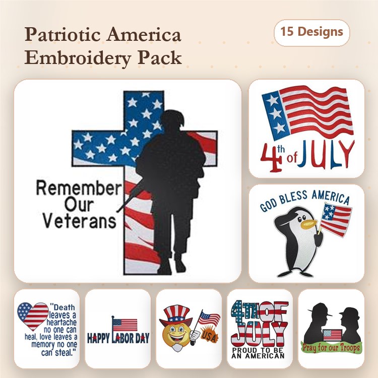 Patriotic America Embroidery Designs Bundle – Soldier, Eagle, Fireworks & More (15 Designs)