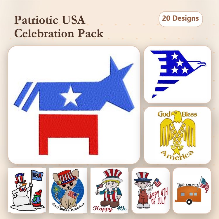 Patriotic USA Celebration Embroidery Designs Bundle – Patriotic Donkey, Eagle with Stars, Uncle Sam with Flag & More (20 Designs)