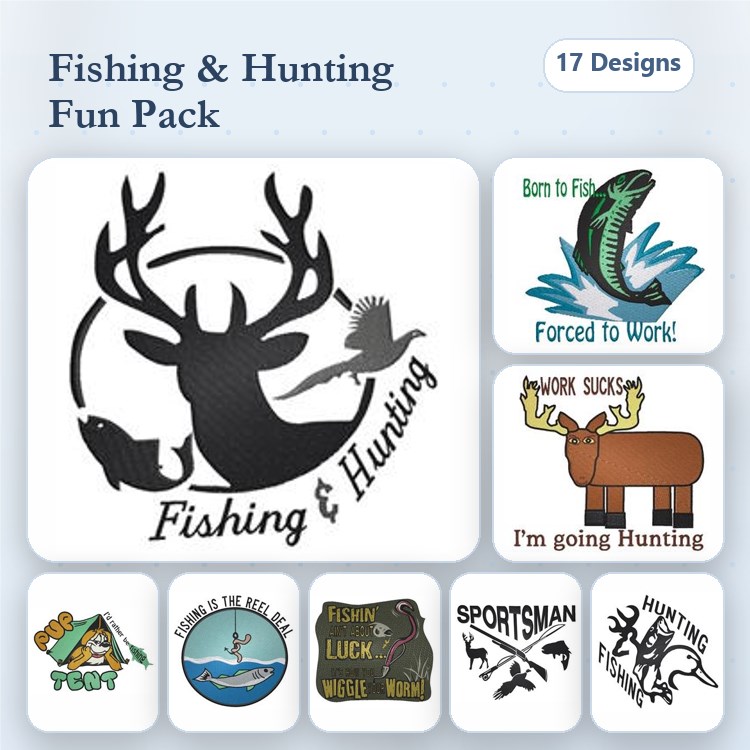 Fishing and Hunting Embroidery Bundle – Born to Fish, Fishing Luck, I'm Going Hunting & More (17 Designs)