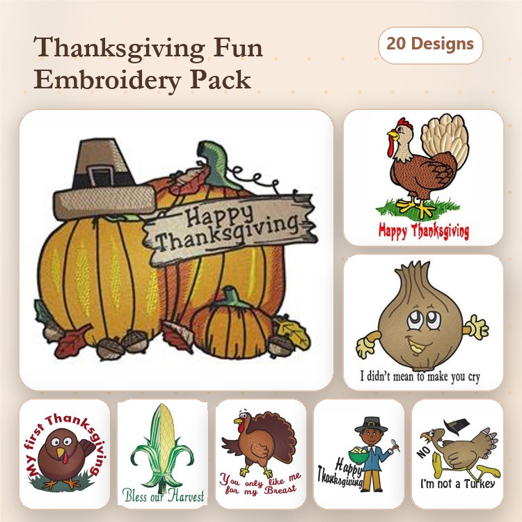 Thanksgiving Embroidery Designs Bundle – Thanksgiving Pumpkin, Turkey, Scarecrow & More (20 Designs)