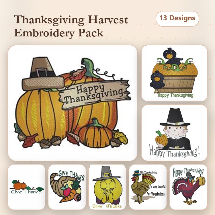 Thanksgiving Harvest Embroidery Designs Bundle – Pumpkin, Turkey, Pilgrim Hat & More (13 Designs)