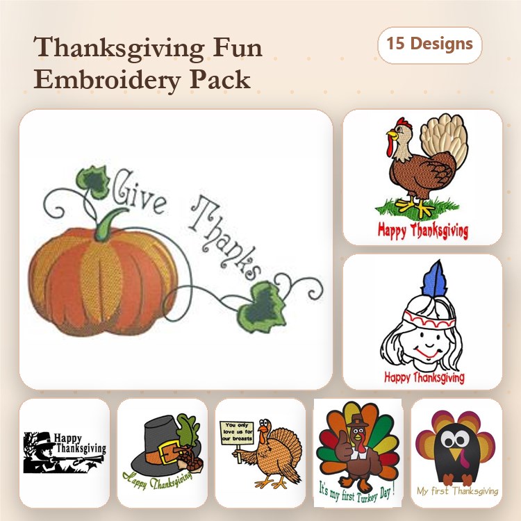 Thanksgiving Themed Embroidery Designs Bundle – Thanksgiving Pumpkin, Turkey, Native American Girl & More (15 Designs)