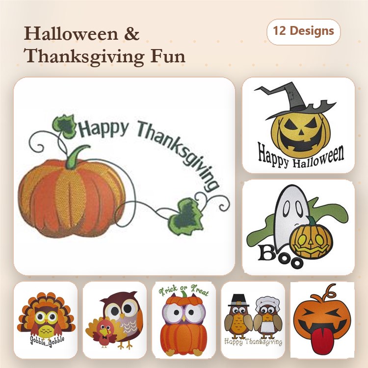 Halloween & Thanksgiving Embroidery Designs Bundle – Happy Pumpkin, Funny Turkey, Ghost with Pumpkin & More (12 Designs)