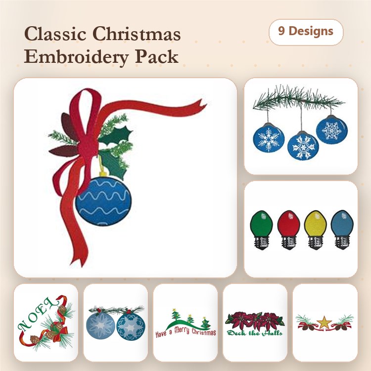 Christmas Ornaments & Decorations Embroidery Designs Bundle – Holly, Snowflake, Wreath & More (9 Designs)