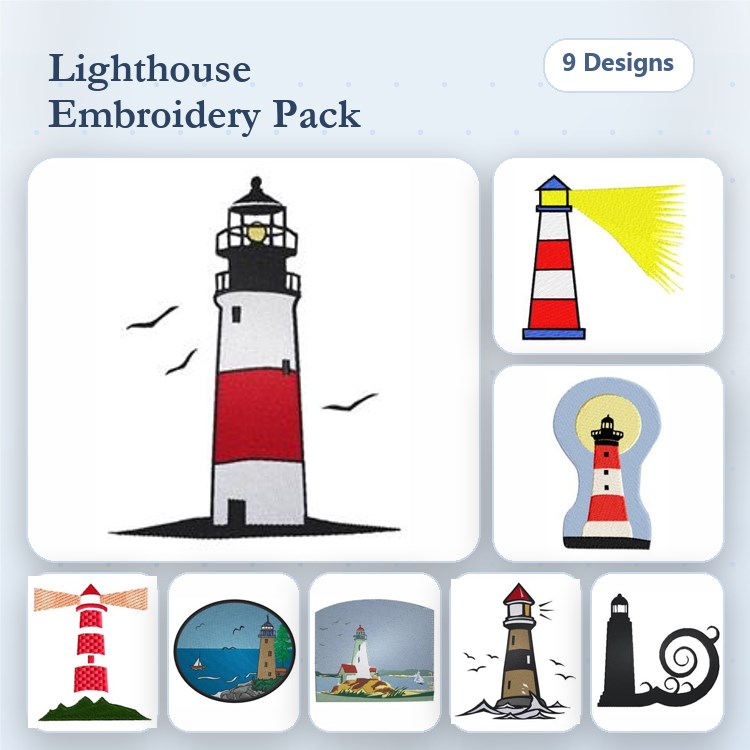 Lighthouse Embroidery Bundle – Red and White Lighthouse, Lighthouse with Light, Tall Lighthouse & More (9 Designs)