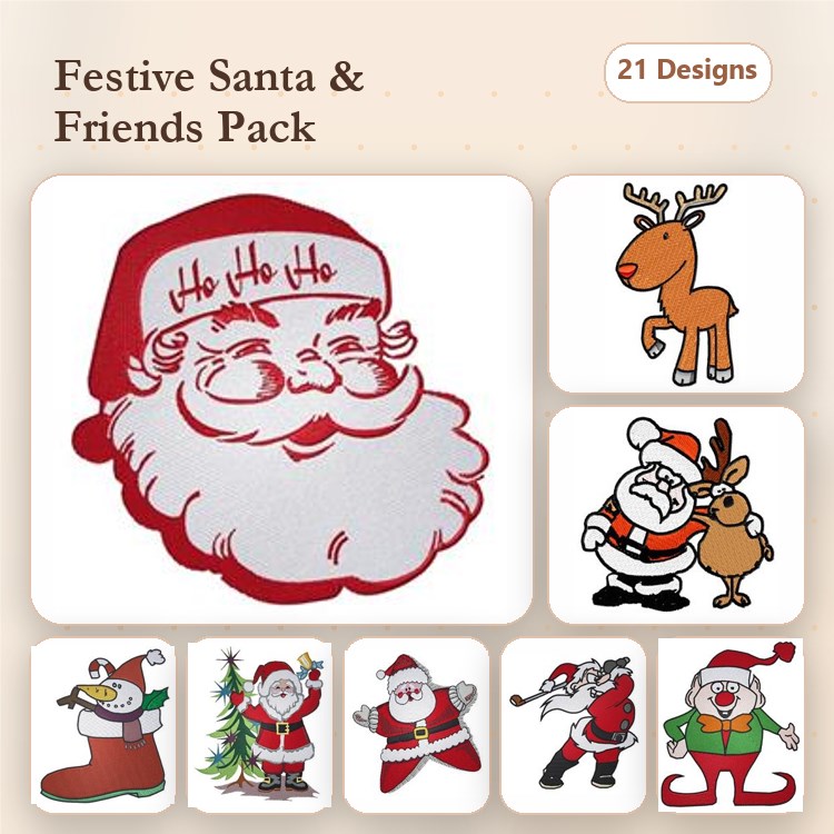 Redwork Santa and Friends Embroidery Bundle – Santa with Gift, Santa Decorating Tree, Reindeer & More (21 Designs)