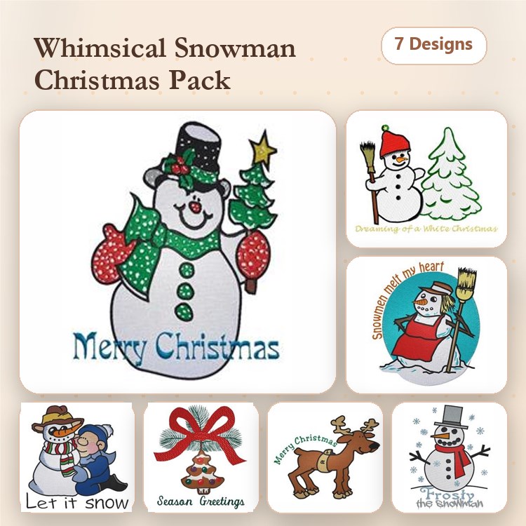Snowman Christmas Embroidery Designs Bundle – Cheerful Snowman with Hat, Let It Snow & More (7 Designs)