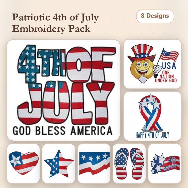 Celebration of Independence Day Embroidery Designs Bundle – 4th of July, God Bless America, USA with Hat & More (8 Designs)