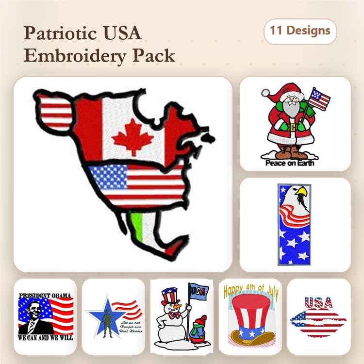 Patriotic Celebrations Embroidery Designs Bundle – USA Flag Map, Canadian Flag Map, Eagle & More (11 Designs)