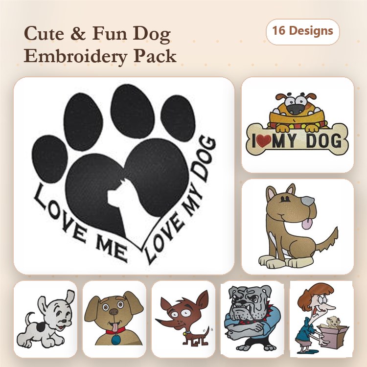 Dog Themed Embroidery Bundle – Puppy, Santa, and More (16 Designs)