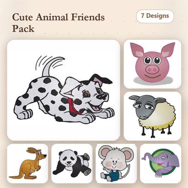 Cute Animal Embroidery Bundle – Dalmatian Dog, Pig, Sheep, Kangaroo & More (7 Designs)