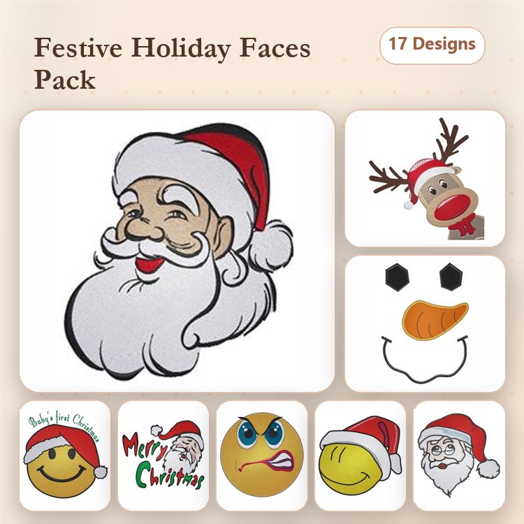 Festive Holiday Faces Embroidery Designs Bundle – Santa Claus, Reindeer, Snowman & More (17 Designs)