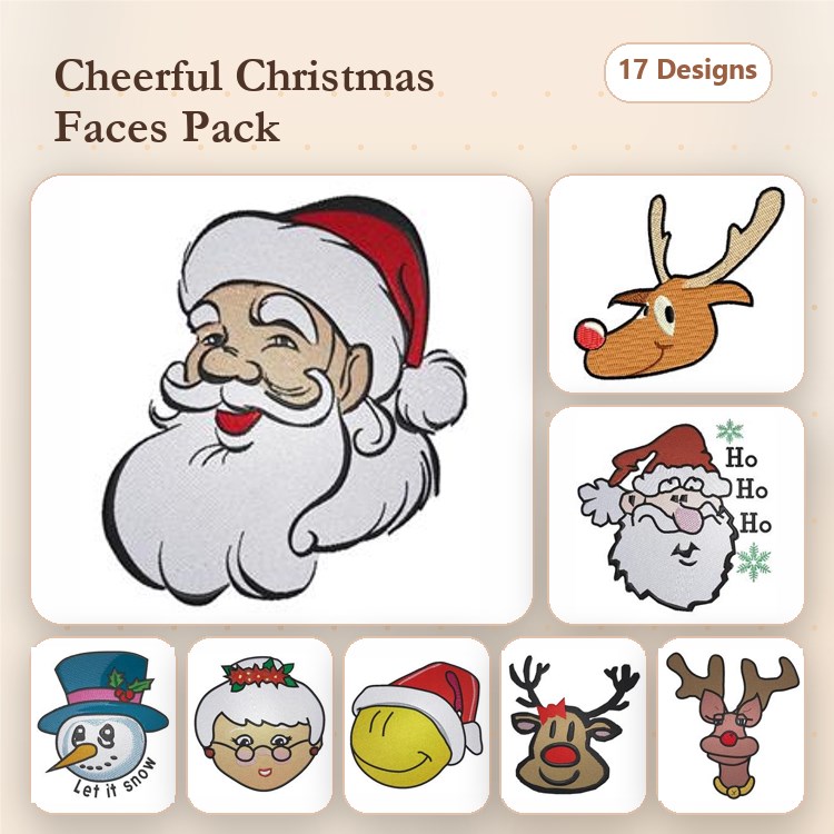 Christmas Faces Embroidery Designs Bundle – Santa, Reindeer, Snowman & More (17 Designs)