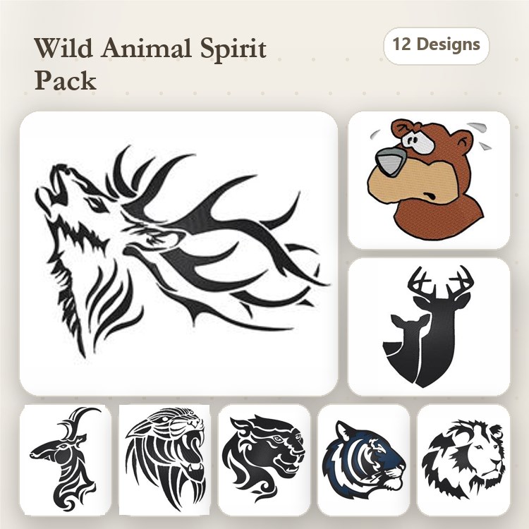 Wild Animal Spirit Embroidery Designs Bundle – Stag Head, Bear Face, Wolf Head, Lion Face & More (12 Designs)