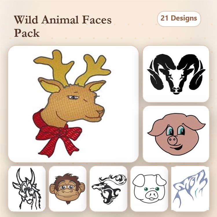 Wild Animal Faces Embroidery Designs Bundle – Reindeer, Ram, Pig & More (21 Designs)