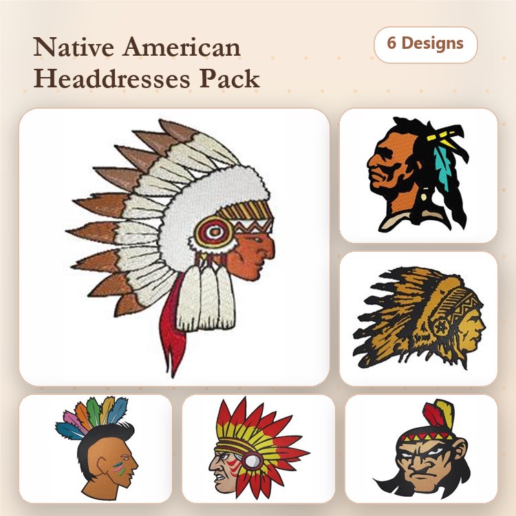 Native American Headdresses Embroidery Designs Bundle – Indian Chief, Colorful Feathered Headdress & More (6 Designs)