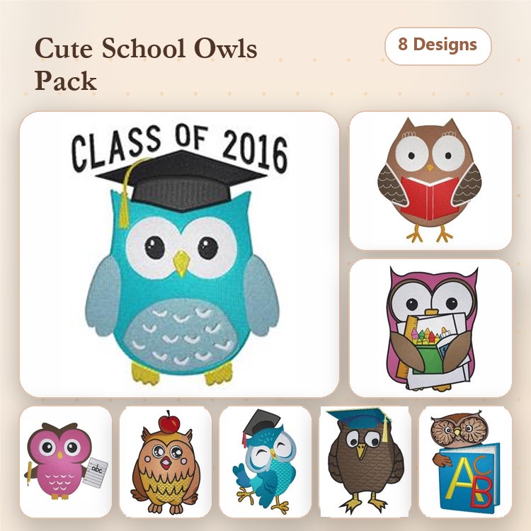 Applique School-themed Owls Embroidery Designs Bundle – Graduation Owl, Reading Owl, Class of 2016 Owl & More (8 Designs)