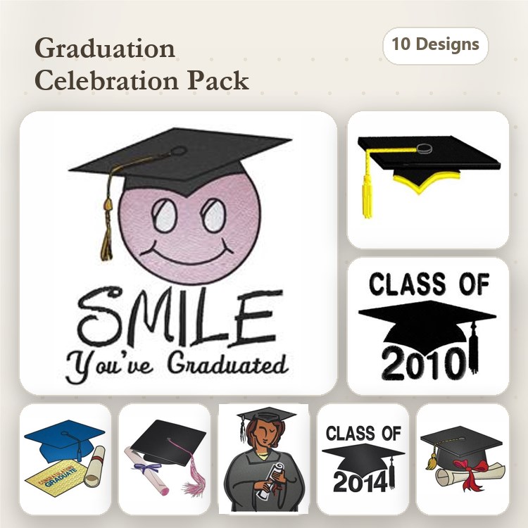 Graduation Celebration Embroidery Designs Bundle – Graduation Smile, Cap with Tassel, Class of 2010 & More (10 Designs)