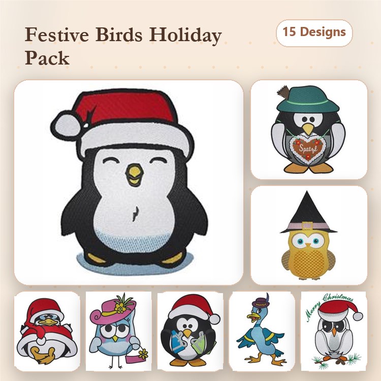 Festive Birds Embroidery Designs Bundle – Penguin with Santa Hat, Owl in Witch Hat, & More (15 Designs)