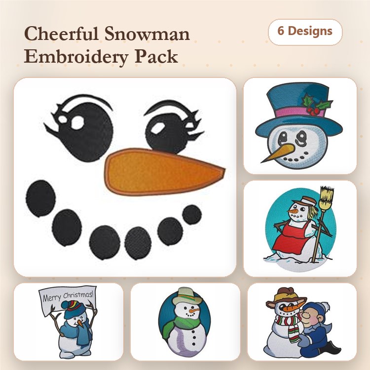 Cheerful Snowman Embroidery Bundle – Snowman Face, Snowman in Hat, Snowman with Carrot Nose & More (6 Designs)