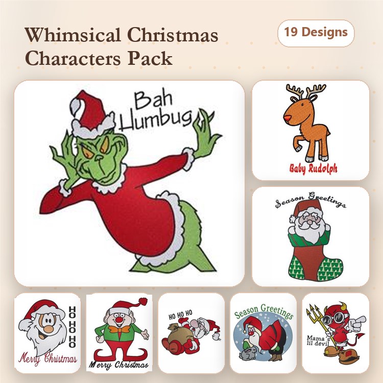Christmas Characters Embroidery Designs Bundle – The Grinch, Rudolph, Santa Claus, Elf & More (19 Designs)