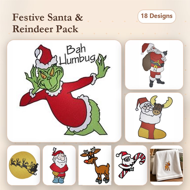 Santa Claus & Grinch Christmas Embroidery Bundle – Holiday Cheer (18 Designs)