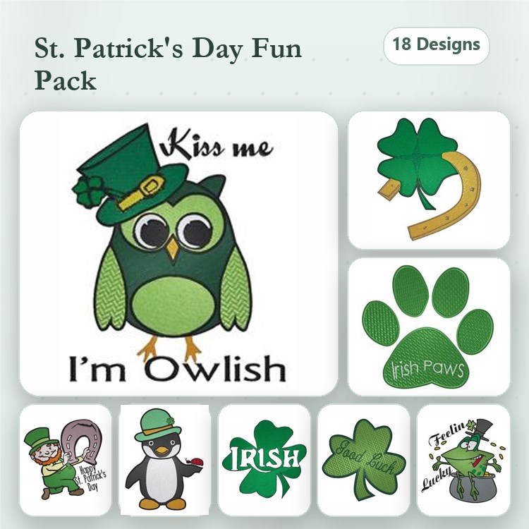 St. Patrick's Day Embroidery Designs Bundle – Owl with Hat, Leprechaun, Shamrock & More (18 Designs)