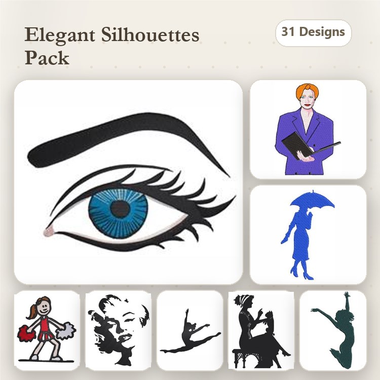 Elegant Silhouettes Embroidery Designs Bundle – Eye, Businessman, Lady with Umbrella, Dancer & More (31 Designs)